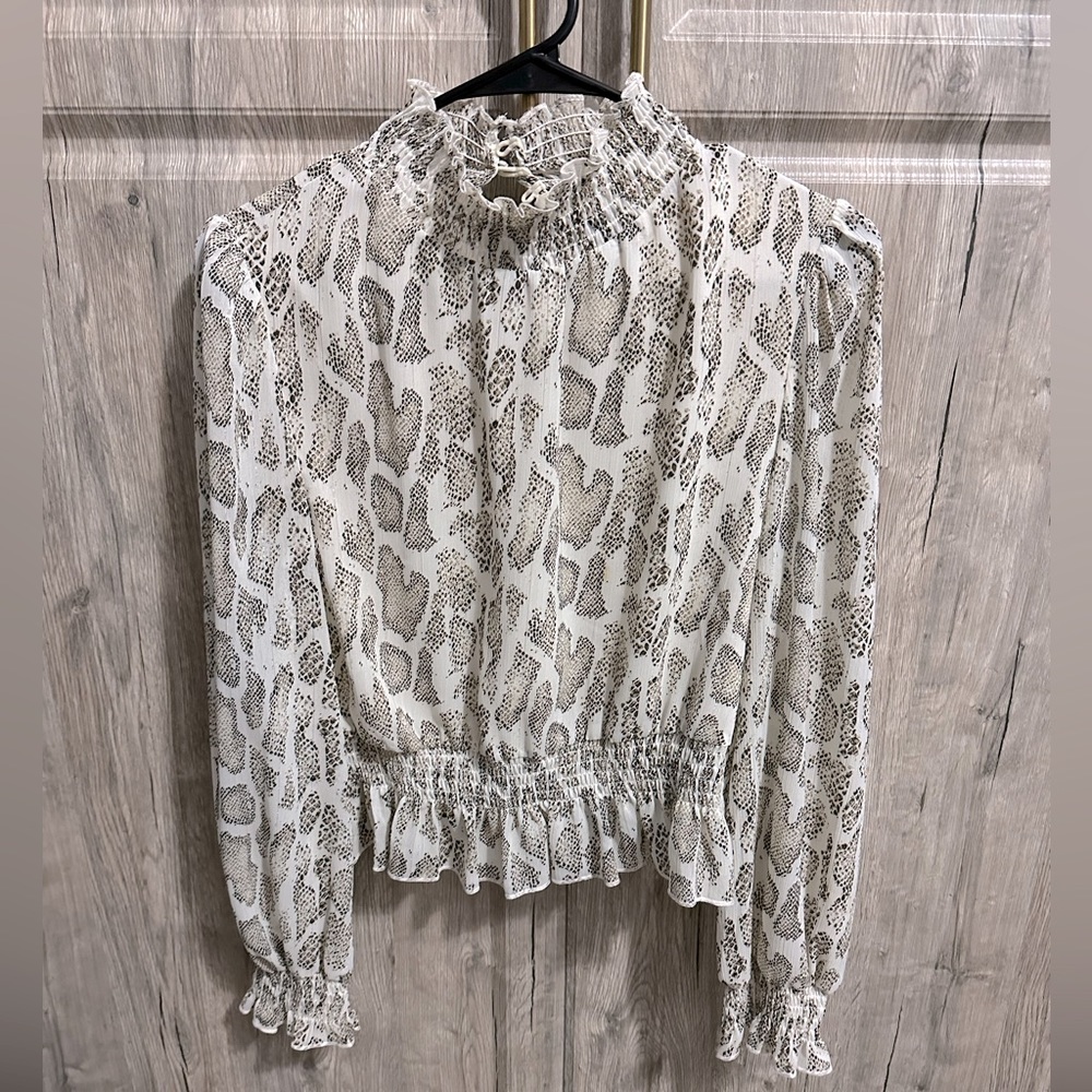 Lucy Paris smocked high neck long sleeve peplum blouse - cream/gold.